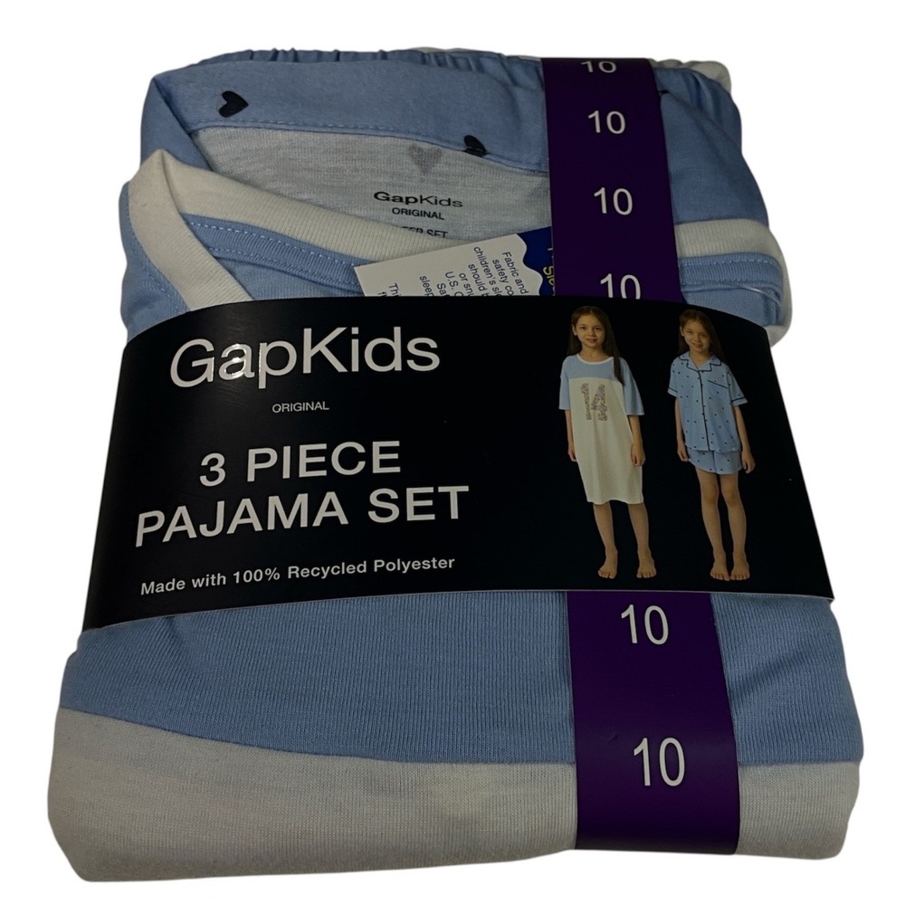GapKids Pajama Set Girls Size 10 Blue White 3 Piece Nightgown Shorts New